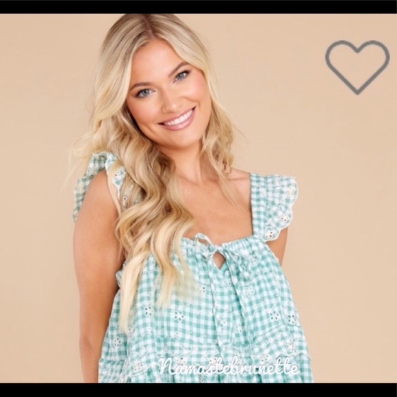 **SOLD***🌻NWOT🌻 Just Me Medium Flowy Green Gingham Embroidered Babydoll Mini - Picture 5 of 17